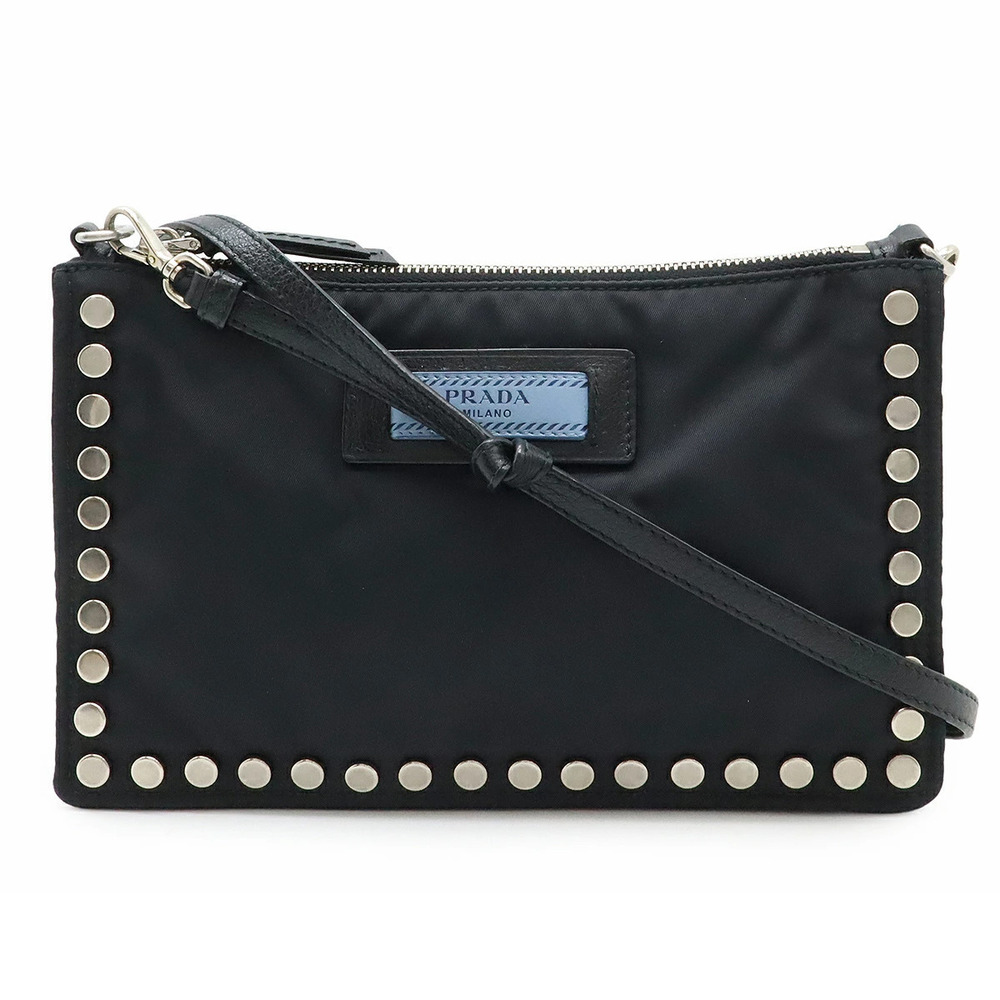 Prada Shoulder Bag Hobo Clutch Pouch Clutch Studs Leather NERO Black